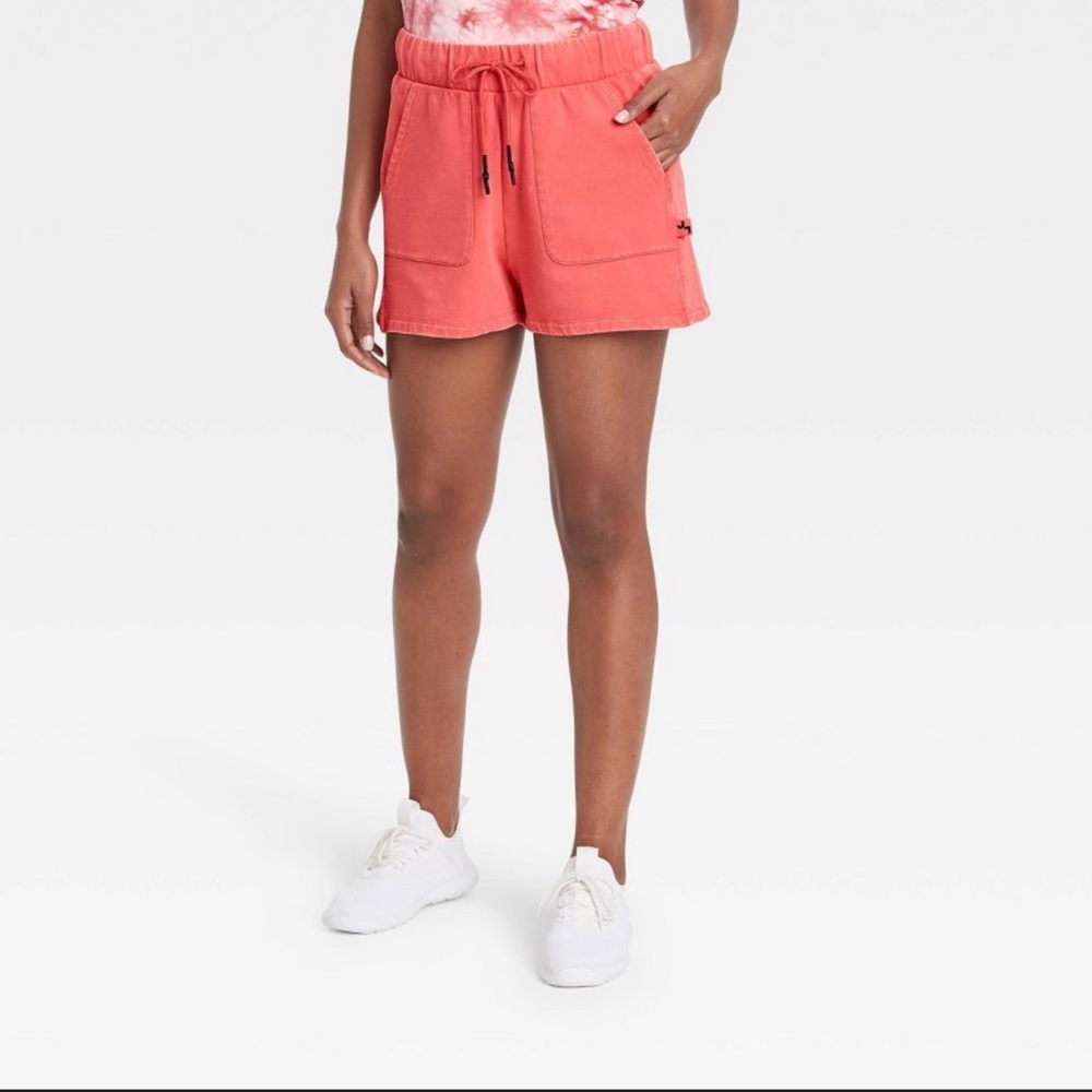 JoyLab French Terry Mid-Rise Shorts in Coral